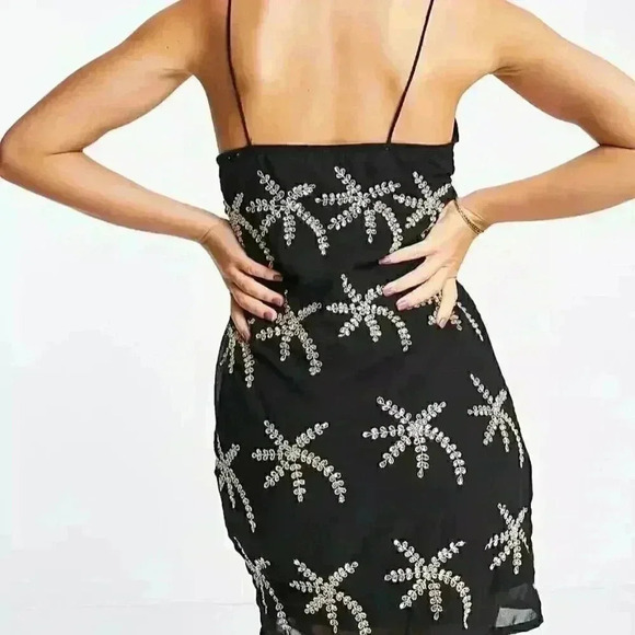 NEW Bonheur D’amour Black gold Embroidered Chiffon Slip Dress Women’s  Large NWT - Picture 3 of 12